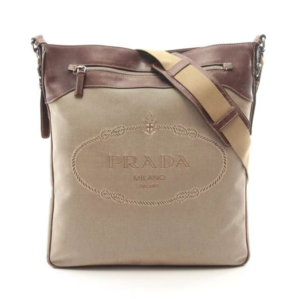 Prada JACQUARD Shoulder Bag Canvas Leather Beige Cream Brown